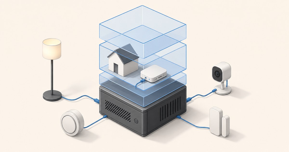 An isometric black mini server supports blue virtualization layers holding a house and hub, linked to a lamp, camera, alarm, and door sensor.