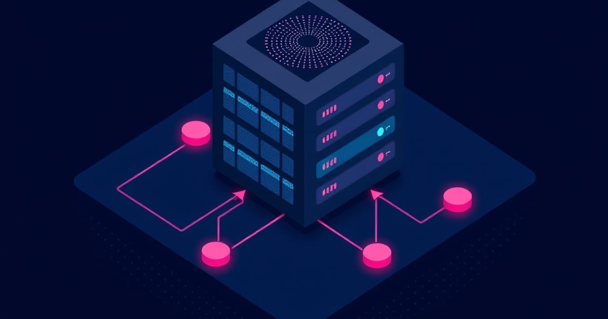 Isometric technical illustration of a Proxmox VE server install showing a boot USB, mirrored ZFS disks, and a web management console
