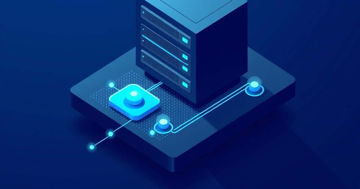 Isometric blue server tower with glowing drive bays on a dark platform, linked by glowing circuit lines to a cyan button, suggesting a Proxmox host upgrade