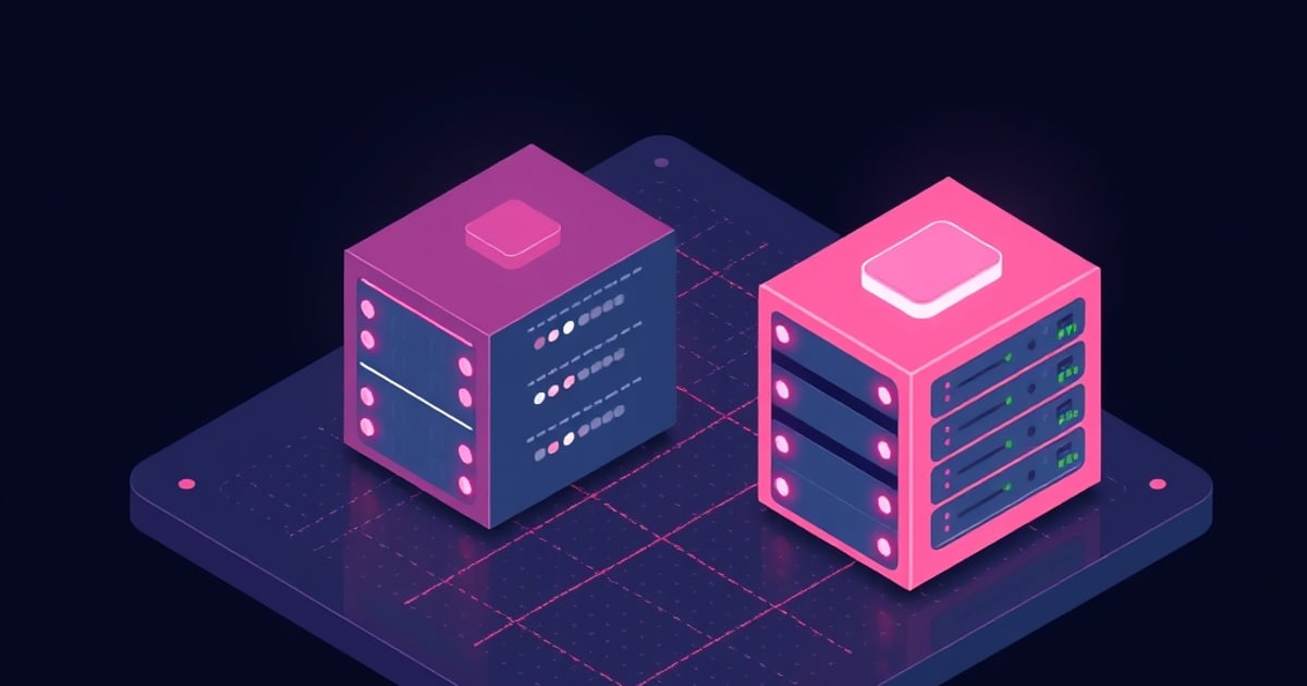 Isometric illustration of a Proxmox host splitting into lightweight LXC containers sharing one kernel and full virtual machines with their own kernels