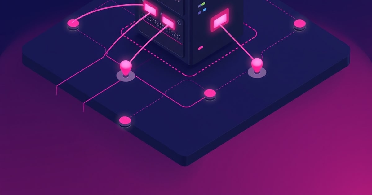 Isometric illustration of a Proxmox host with a VLAN-aware Linux bridge fanning tagged virtual machine links out to a network switch