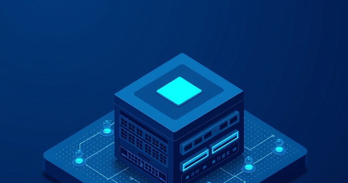 Flat isometric illustration of a blue server cube with a glowing cyan chip on top, vent grilles and port slots on its faces, on a circuit-trace base.