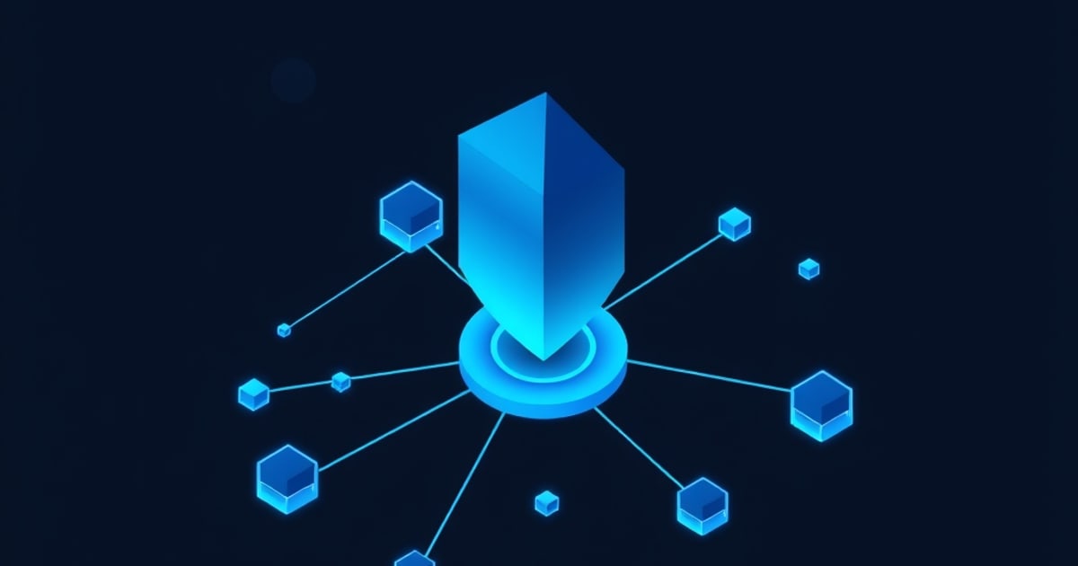Flat isometric illustration of a blue crystal rising from a ring platform with hexagonal nodes linked around it.