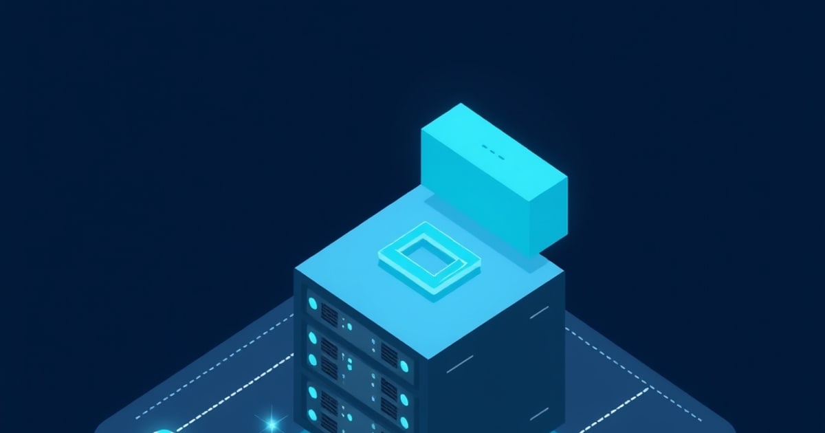 Isometric illustration of a server tower with lit status panels connected to surrounding nodes, representing a virtualisation host in a homelab